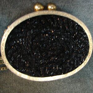 Vintage Purse 1940s Tyrolean Oval Clasp Bag Black Beaded Front Black Suede Back